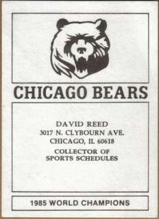 1986 Chicago Bears Team Pocket Schedule David Reed  