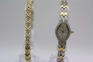 New Elgin Crystal Steel Two Tone Women Bracelet Watch Set 16mm EG120 