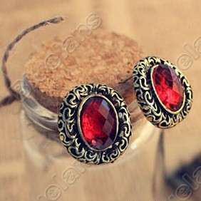   Vintage Fashion Hollow Oval Carved Gem Cute Earrings 5186 Red  