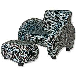 Trend Lab Blue Velour Zebra Print Chair and Ottoman Set   