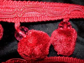 Cherry Red POM Ball & Jewel Beads Fringe Fabric Embellishment 
