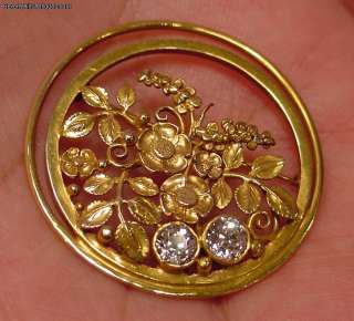 Art Noveau 14k Yellow Gold & 1.4C Diamonds Floral Circle Brooch  