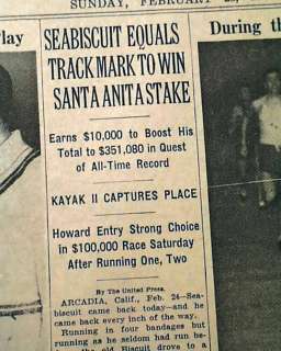 RACEHORSE SEABISCUIT Thoroughbred Last RACE Win Santa Anita Hand 1940 