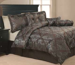 7Pcs King Coffee and Silver Jacquard Comforter Bedding Set  