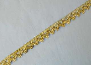 Approximately 5/8 inch wide. This piece is 12 yards long.