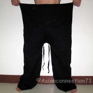 Thai EXTRA LONG Cotton Fisherman Pants Asian Yoga Trousers SOLID BLACK 