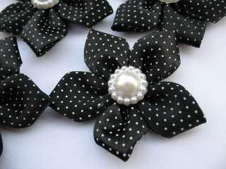 20 Polka Dots Satin Ribbon Flower Pearl Black RF077  