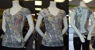 New Cute Women Ripped Back Army T Shirt w/Rhinestones L  