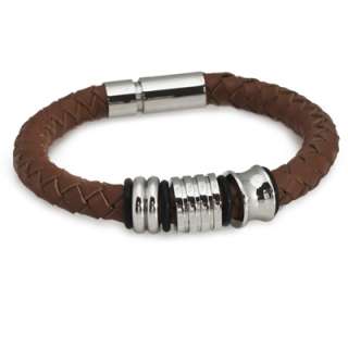   or Brown Braided Leather Bracelet w/ Stainless Steel Rings & Clasp
