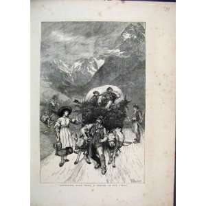  1871 Sketch Tyrol Cow Cart Workers Mountain Road Print 