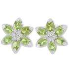  Sterling Silver Oval cut Peridot and Diamond Accent Flower Earrings