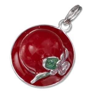    Sterling Silver Enamel 3d Ladies Red Hat Charm with Flower Jewelry