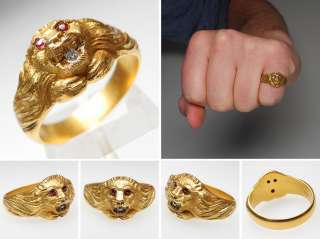 Victorian Era Mens Ruby Eye Diamond Lion Ring 14K Gold  