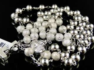 MENS BEADED WHITE GOLD FINISH ROSARY DIAMOND CHAIN NECKLACE 32 + 7 