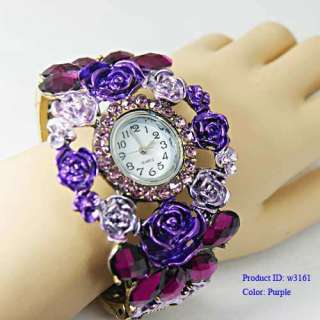 w3161 Ladys Purple Rose Drop Tibetan Silver Zirconia CZ Bangle Watch 