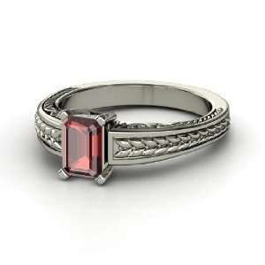  Emerald Cut Ceres Ring, Emerald Cut Red Garnet 14K White 
