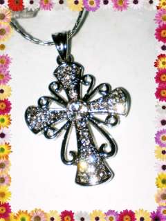   DAY GIFT VINTAGE STYLE SILVER CROSS NECKLACE~PENDANT~CLEAR CRYSTAL