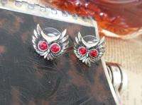 Vintage Style Red Rhinestone Eyes Owl Earrings Gold  