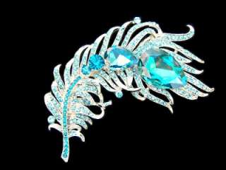 Peacock Bird Feather Blue SWAROVSKI Crystal Pin Brooch D1  