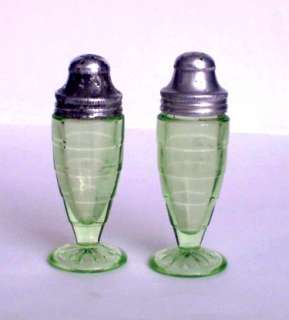 Salt & Pepper Shakers Block Optic Depression Vaseline Green  