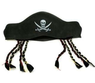 Kids Adult Caribbean Pirate Captain Buccaneer Hat With braids Costume 