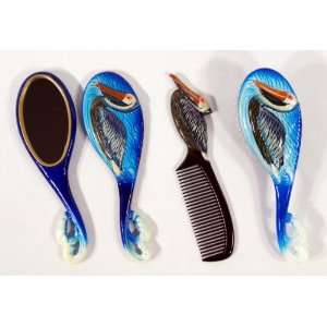  Handpainted Pelican Bird Hair Brush Mirror Comb Set (set 