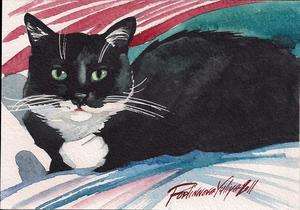 PRINT OF WATERCOLOR PAINTING DRAWING CAT KITTY TUXEDO  