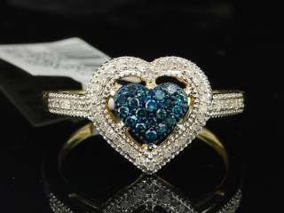 LADIES YELLOW GOLD BLUE HEART DIAMOND ENGAGEMENT RING WEDDING BAND 