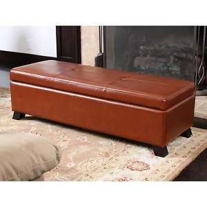 Modern Saddle Brown Leather Ottoman Storage Bench New  