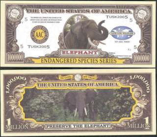 ENDANGERED ELEPHANT MILLION DOLLAR BILL  LOT OF 2 BILLS  
