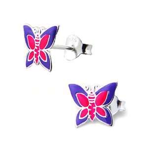  Pink and Purple Stone Butterfly 925 Sterling Silver Post/stud Earrings