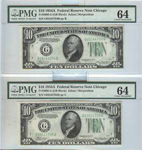 1934 A $10   2 Consecutive Federal Reserve PMG CU64  