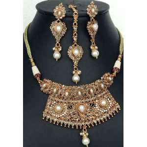 Royal Necklace with Earrings and Tikka Set with Faux Pearls   Copper 