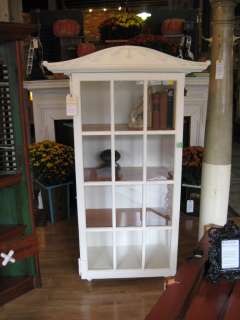 White Pediment and Glass Front Cabinet, Handmade, Salvage Chic  