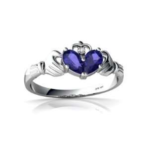 14K White Gold Pear Created Sapphire Celtic Claddagh Ring 