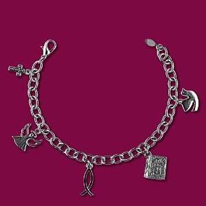 Christian Charm Bracelet with Bible, Dove, Cross, Jesus Fish and Angel