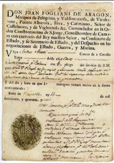 PASSAPORTO RARO FOGLIANI DARAGONA VICERE SICILIA 1747  