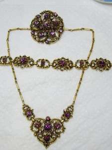 Vintage CORO Gold Tone Purple Rhinestone Necklace Bracelet, Brooch 