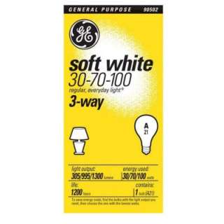   White 30 70 100 Watt 3 Way A21 General Purpose Incandescent Light Bulb