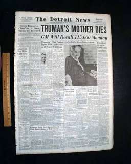 HARRY S. TRUMAN Mother Martha E. Truman Death 1947 Newspaper *  