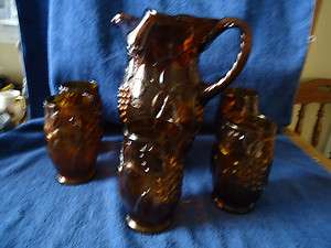 Amber Water Pitcher & 5 Glasses Fruit Pattern  