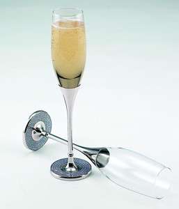 New Glass Champagne Flutes Silver Glitter Glamour Base  