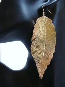 Gold Tn. Leaf Embossed Long Dangle Chandelier Earrings  