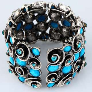 vintage tibetan silver swirl flower blue agate bead crystal cuff 
