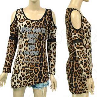Wild Women Sexy Leapord Long Sleeve T Shirts Party Cocktail Mini Dress 