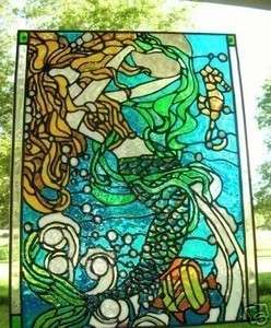 mermaid, seahorse,nautical ocean stained glass window  