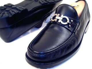   Ferragamo Mens Black Dress Shoes Silver Gancini Bit Loafers 7.5 D