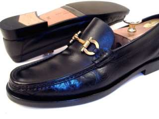   Ferragamo Mens Black Dress Shoes Gold Gancini Bit Loafers 9.5 D  