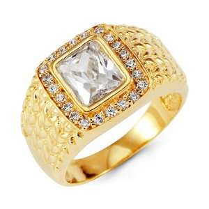    Mens 14k Yellow Gold Emerald Cut Round CZ Fashion Ring Jewelry