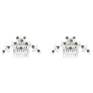   ~ Gray and Silvertone Metal Flowers with Crystals Hair Comb Set of 2